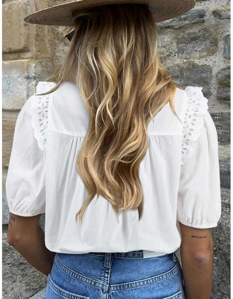 White Embroidered Lace Patchwork Tie Neck Puff Short Sleeve Blouse