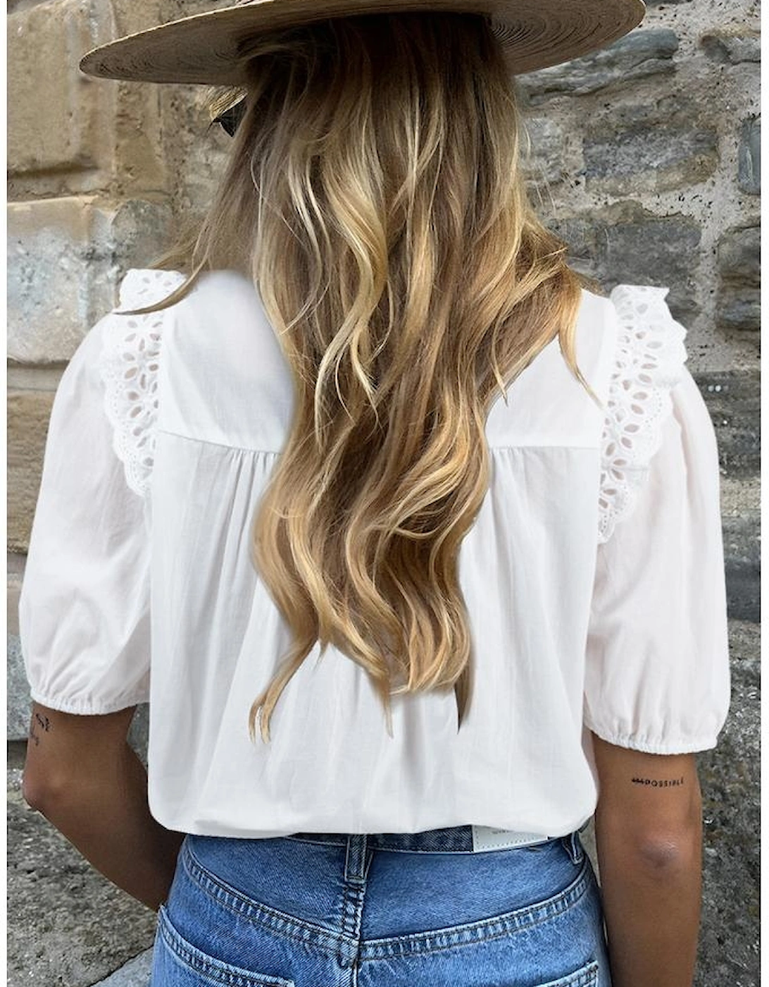 White Embroidered Lace Patchwork Tie Neck Puff Short Sleeve Blouse