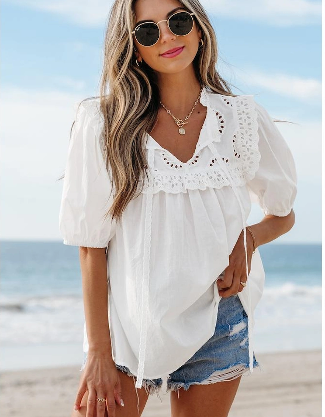 White Embroidered Lace Patchwork Tie Neck Puff Short Sleeve Blouse
