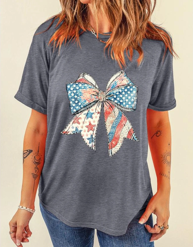 Gray US Flag Bow Print Round Neck Loose T Shirt
