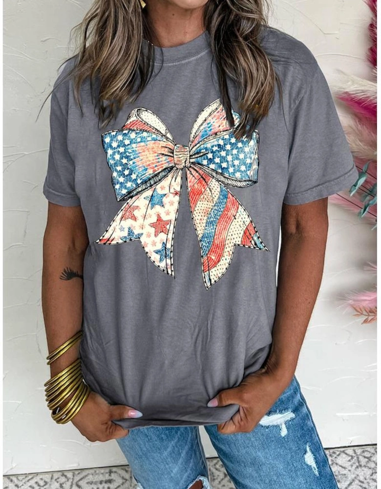 Gray US Flag Bow Print Round Neck Loose T Shirt