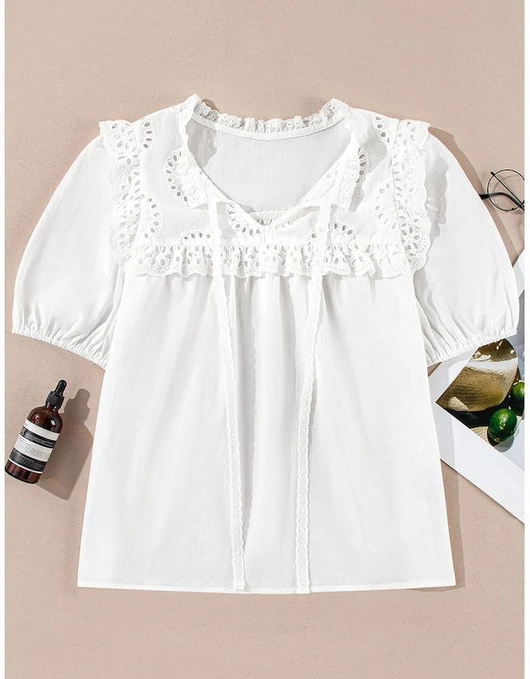 White Embroidered Lace Patchwork Tie Neck Puff Short Sleeve Blouse