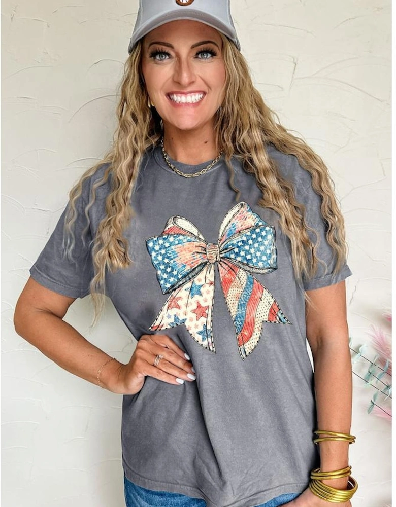 Gray US Flag Bow Print Round Neck Loose T Shirt