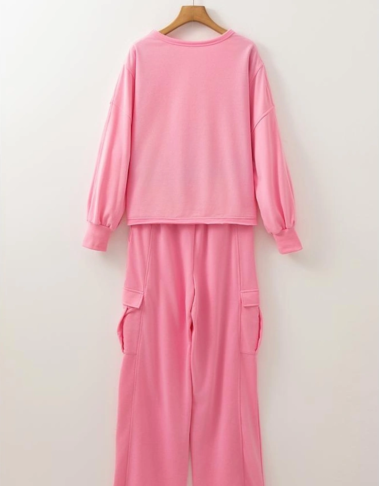 Sachet Pink Solid Color Patchwork Pullover Top and Cargo Pants Set