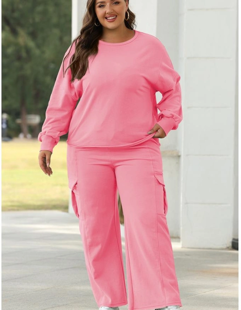 Sachet Pink Solid Color Patchwork Pullover Top and Cargo Pants Set