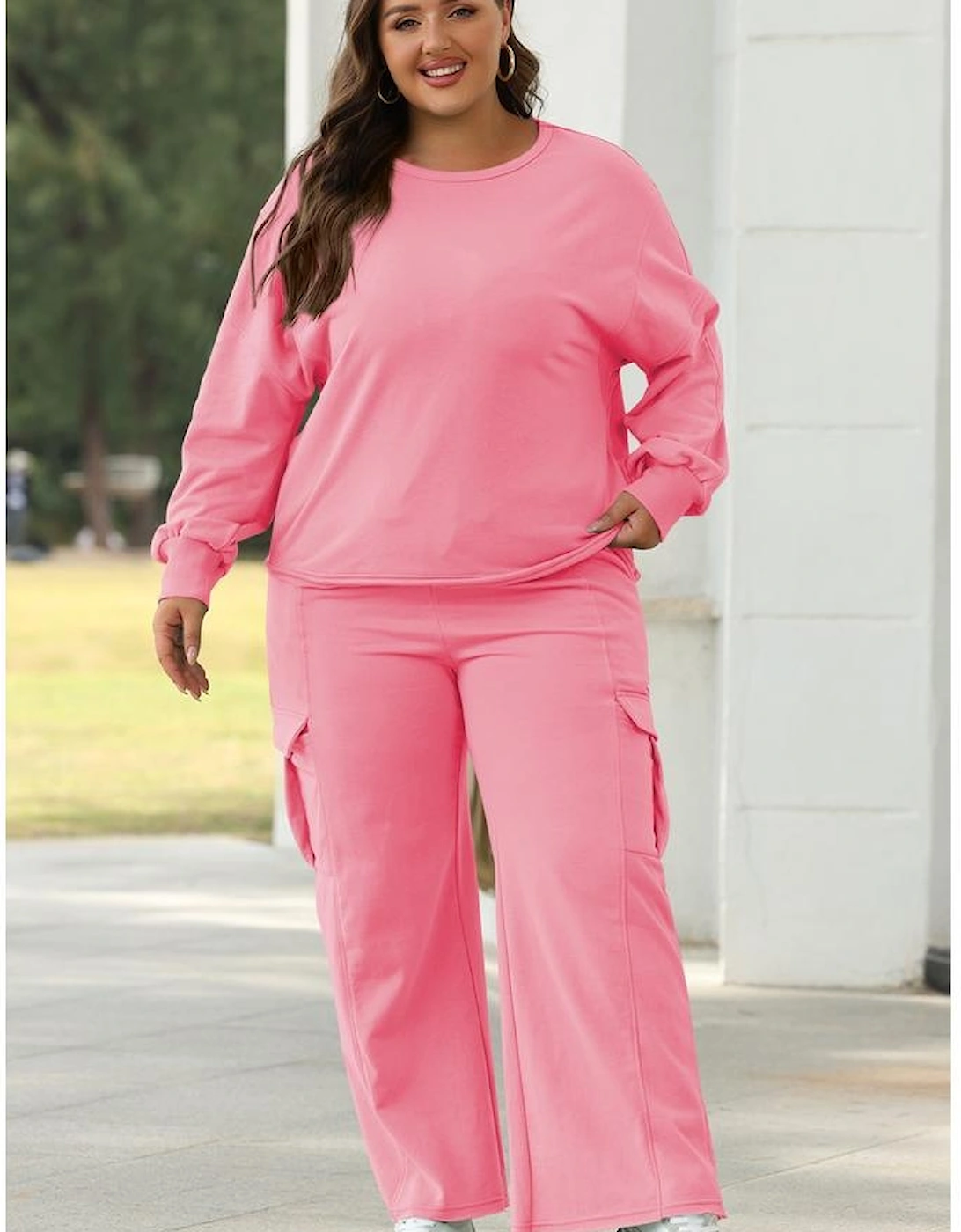 Sachet Pink Solid Color Patchwork Pullover Top and Cargo Pants Set