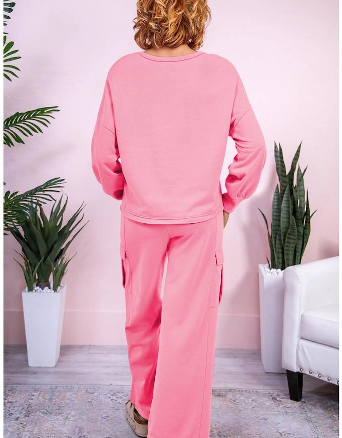 Sachet Pink Solid Color Patchwork Pullover Top and Cargo Pants Set