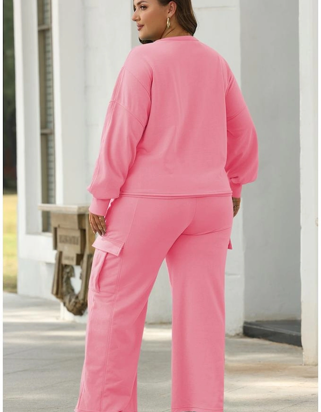 Sachet Pink Solid Color Patchwork Pullover Top and Cargo Pants Set