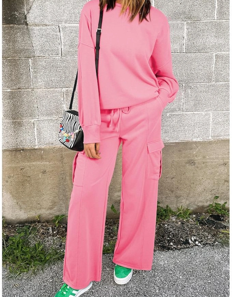 Sachet Pink Solid Color Patchwork Pullover Top and Cargo Pants Set
