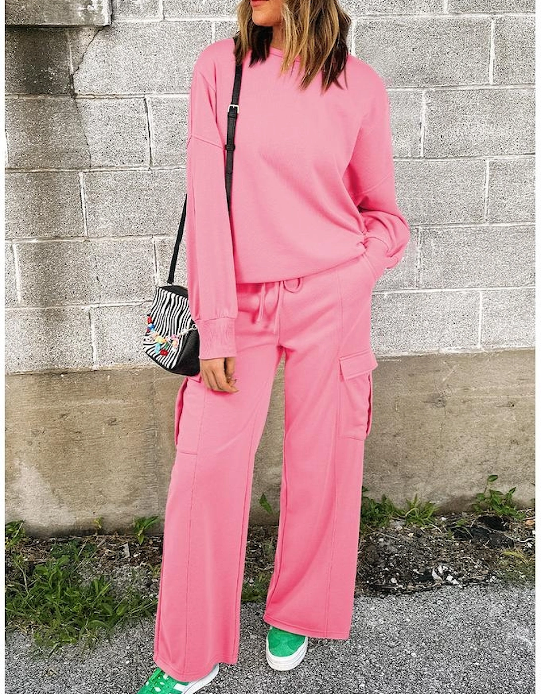 Sachet Pink Solid Color Patchwork Pullover Top and Cargo Pants Set