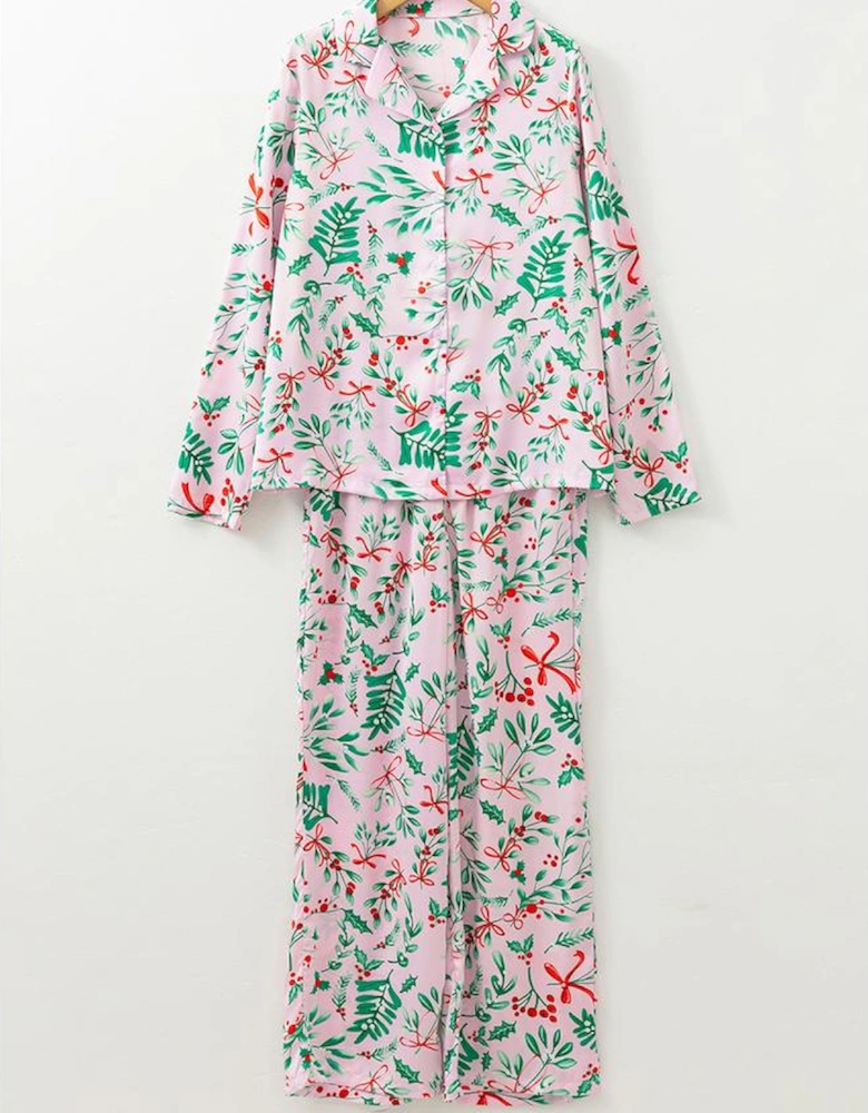 Pink Christmas Berries Plant Print Satin Long Sleeve Pajama Set