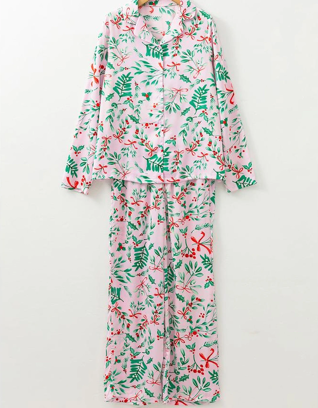 Pink Christmas Berries Plant Print Satin Long Sleeve Pajama Set, 9 of 8
