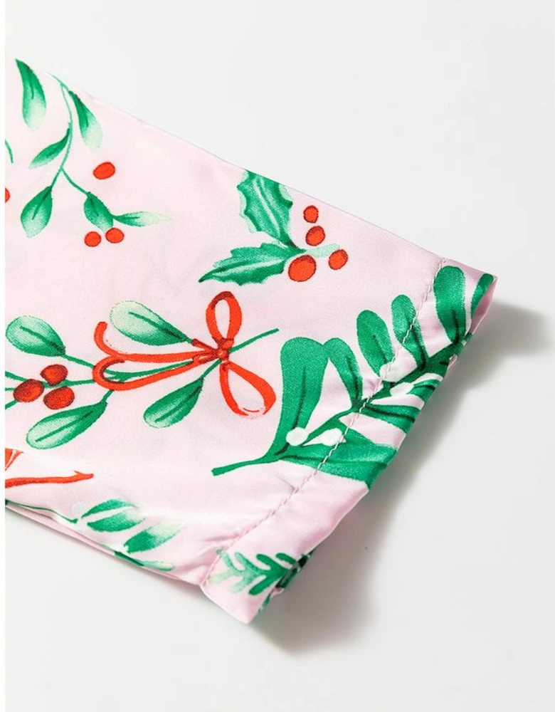 Pink Christmas Berries Plant Print Satin Long Sleeve Pajama Set