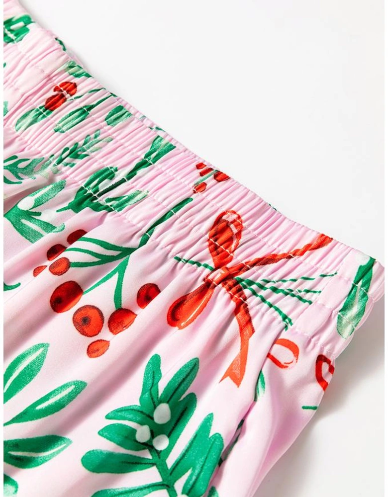 Pink Christmas Berries Plant Print Satin Long Sleeve Pajama Set