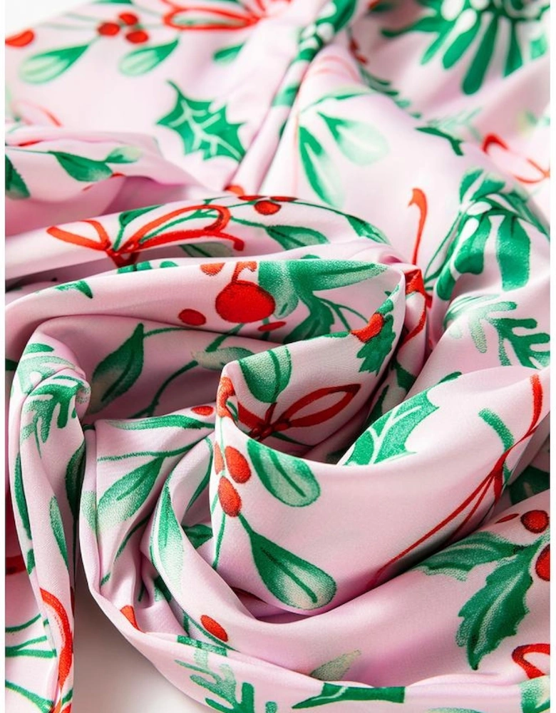 Pink Christmas Berries Plant Print Satin Long Sleeve Pajama Set