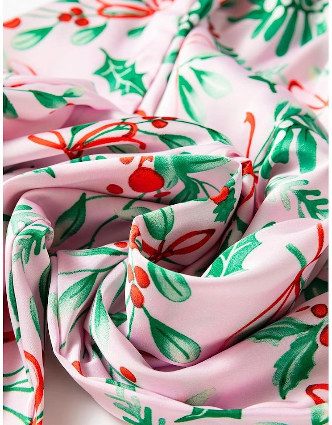 Pink Christmas Berries Plant Print Satin Long Sleeve Pajama Set