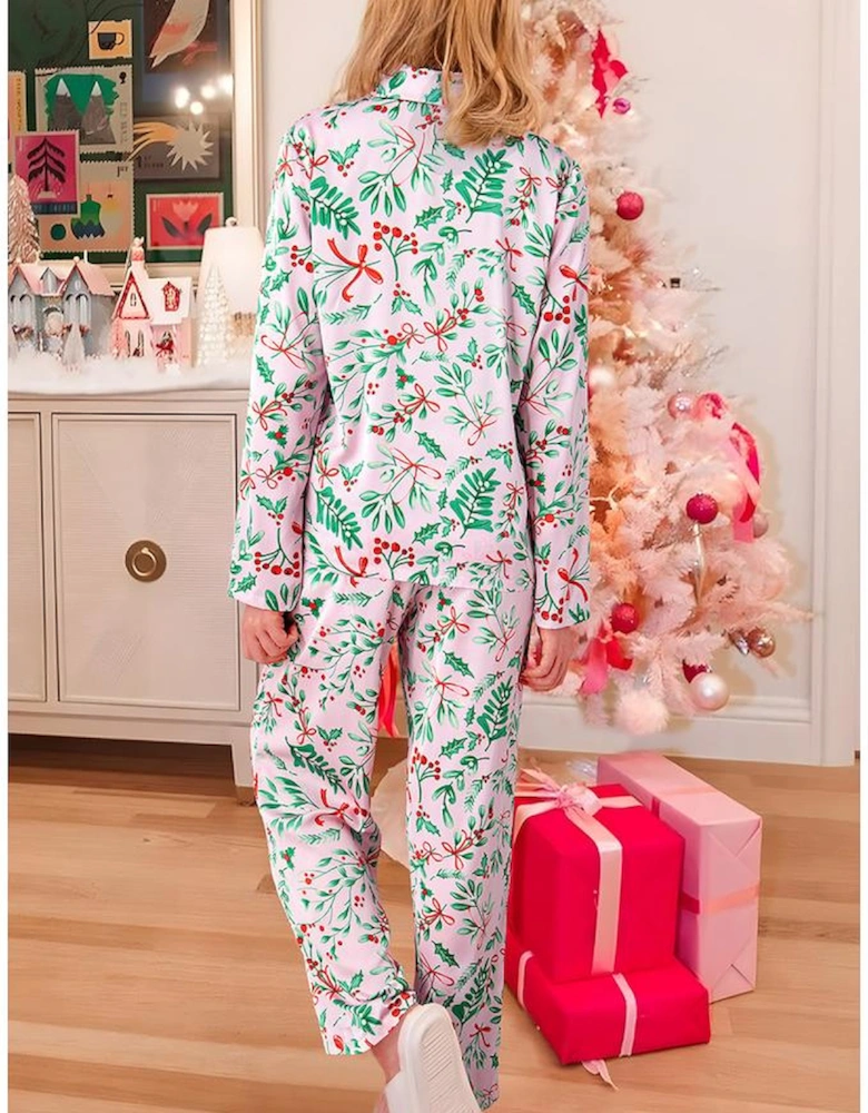 Pink Christmas Berries Plant Print Satin Long Sleeve Pajama Set