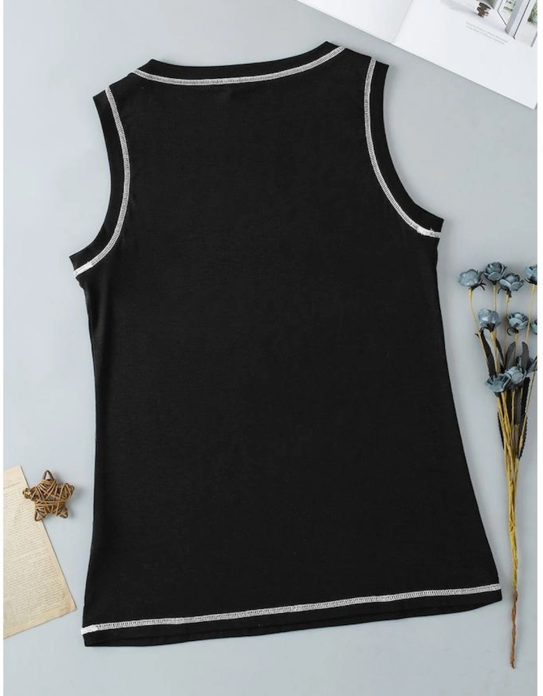Black Contrast Stitch Round Neck Sleeveless Top