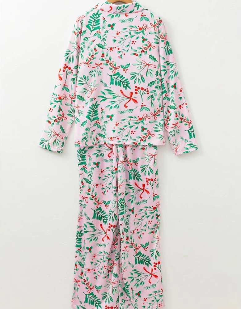 Pink Christmas Berries Plant Print Satin Long Sleeve Pajama Set