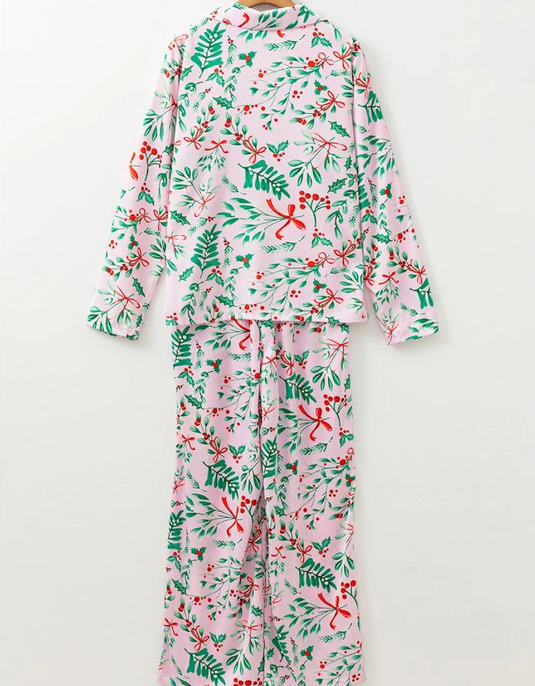 Pink Christmas Berries Plant Print Satin Long Sleeve Pajama Set