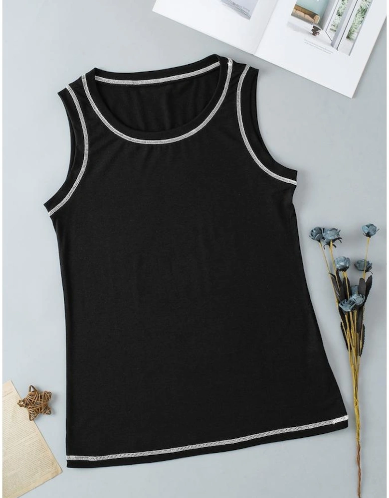 Black Contrast Stitch Round Neck Sleeveless Top