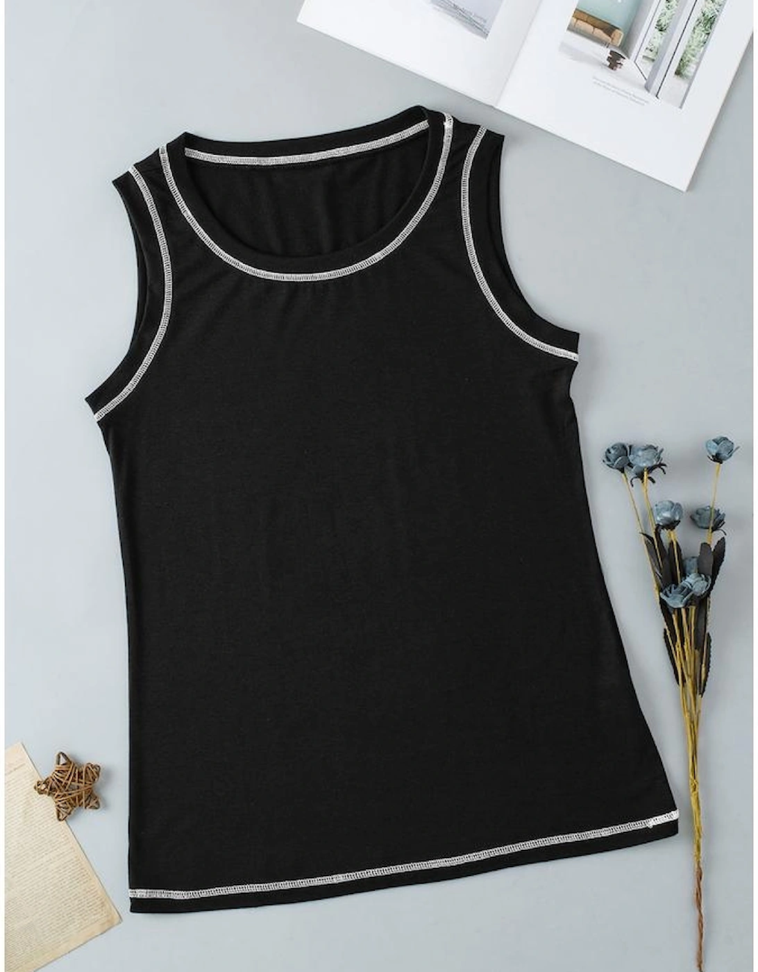 Black Contrast Stitch Round Neck Sleeveless Top