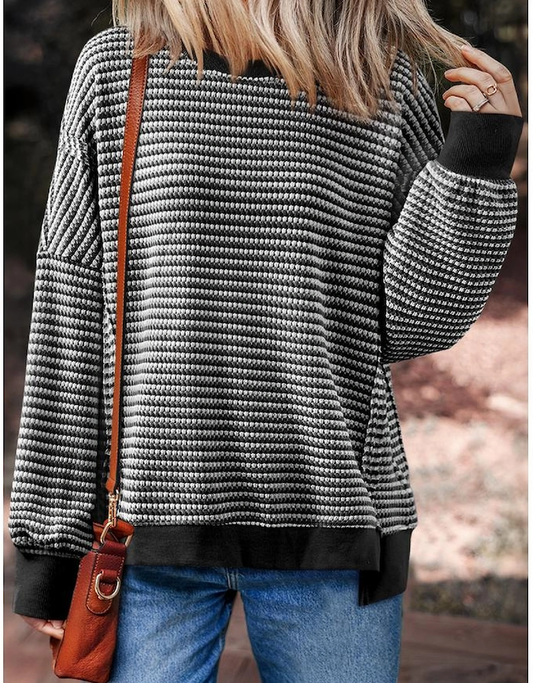 Black Stripe Ribbed Trim Drop Shoulder Long Sleeve Oversize Top, 3 of 2