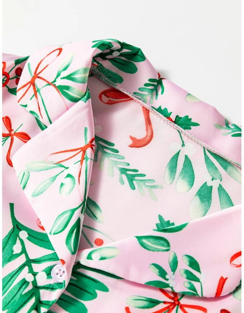 Pink Christmas Berries Plant Print Satin Long Sleeve Pajama Set
