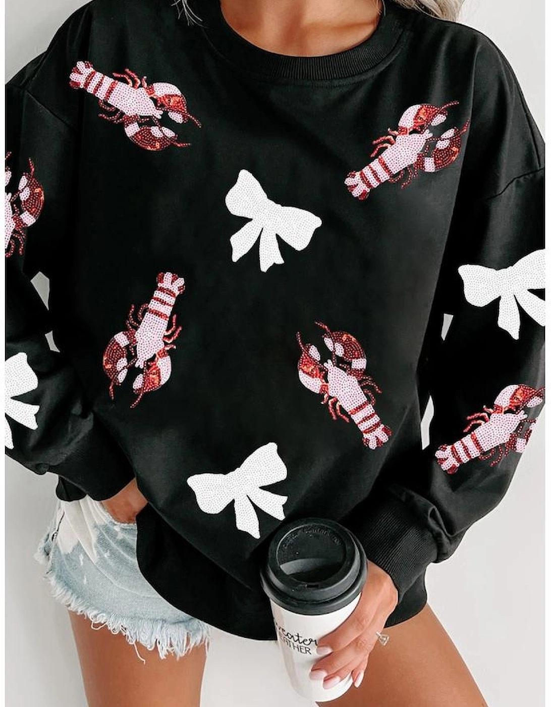 Black Crawfish Bow Sequin Patched Graphic Sweatshirt, 5 of 4