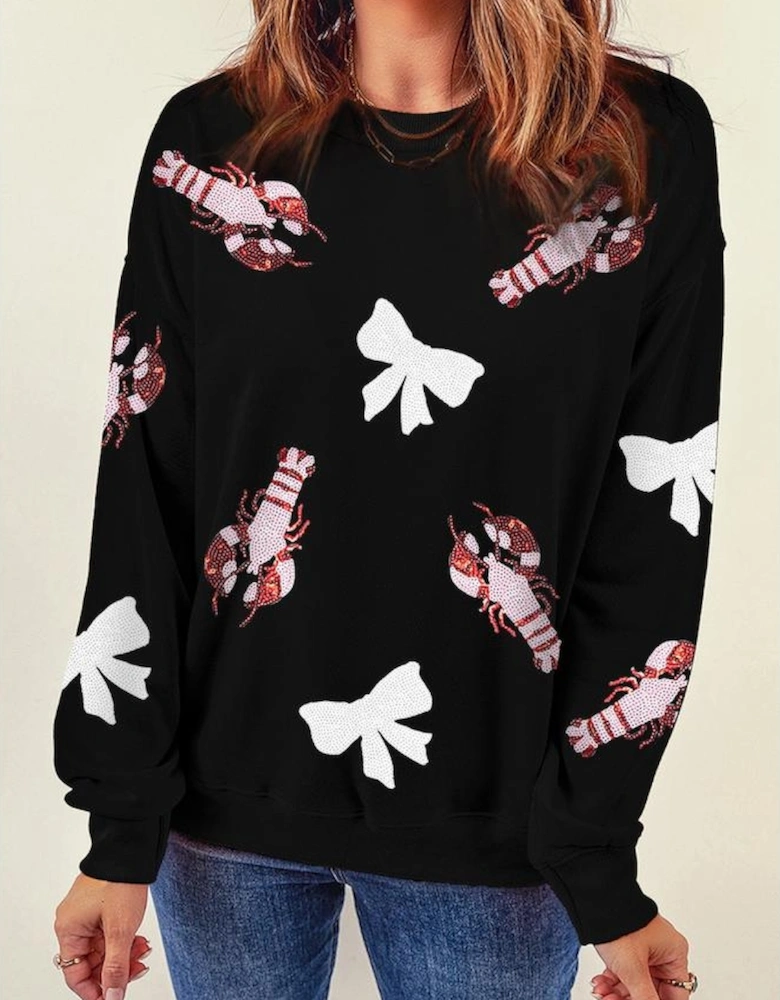 Black Crawfish Bow Sequin Patched Graphic Sweatshirt