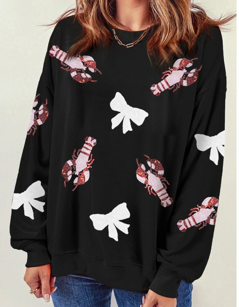 Black Crawfish Bow Sequin Patched Graphic Sweatshirt