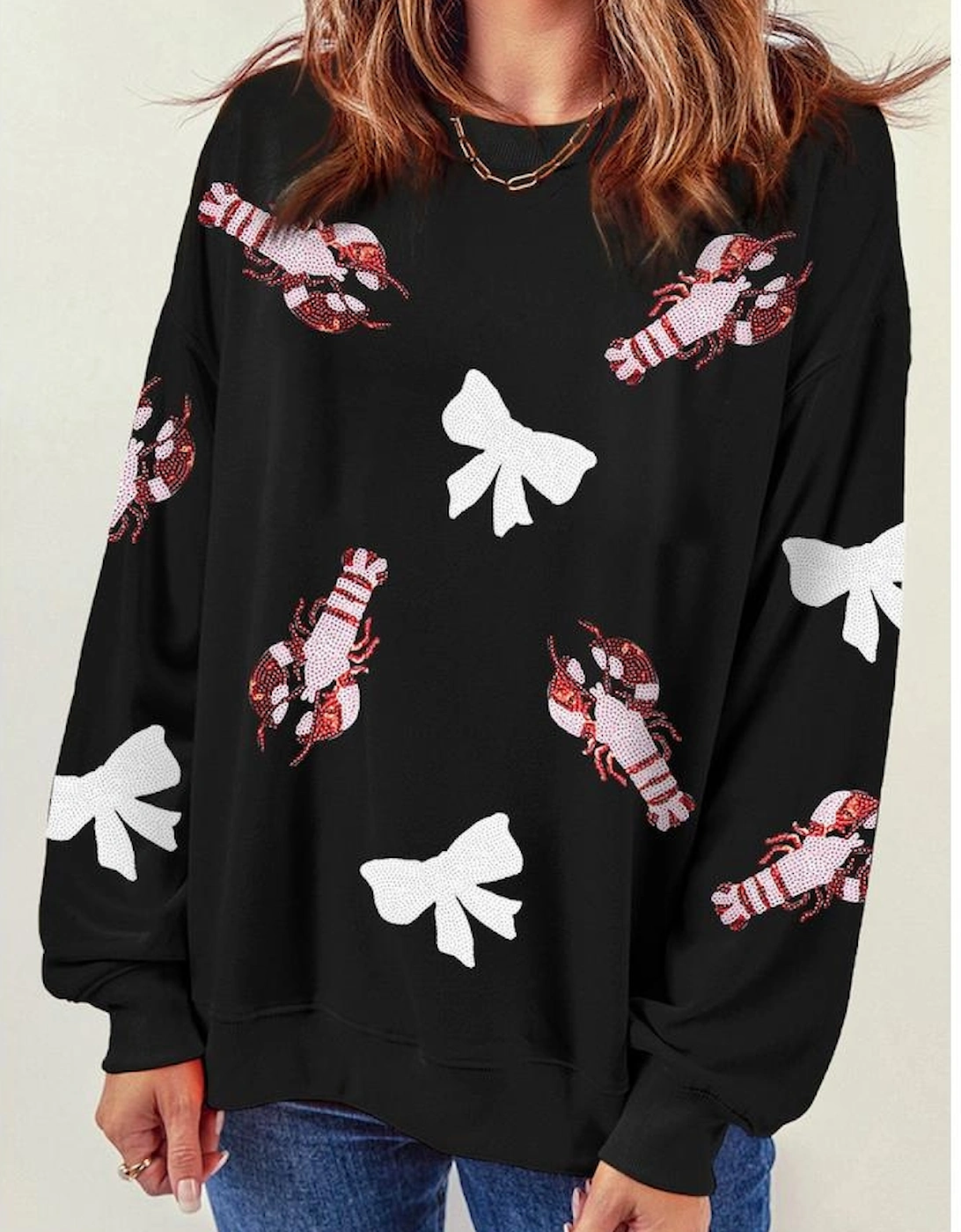 Black Crawfish Bow Sequin Patched Graphic Sweatshirt