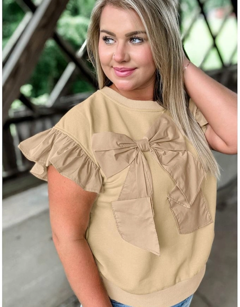Parchment Ruffled Short Sleeve Bowknot Applique Crew Neck Plus Size Top