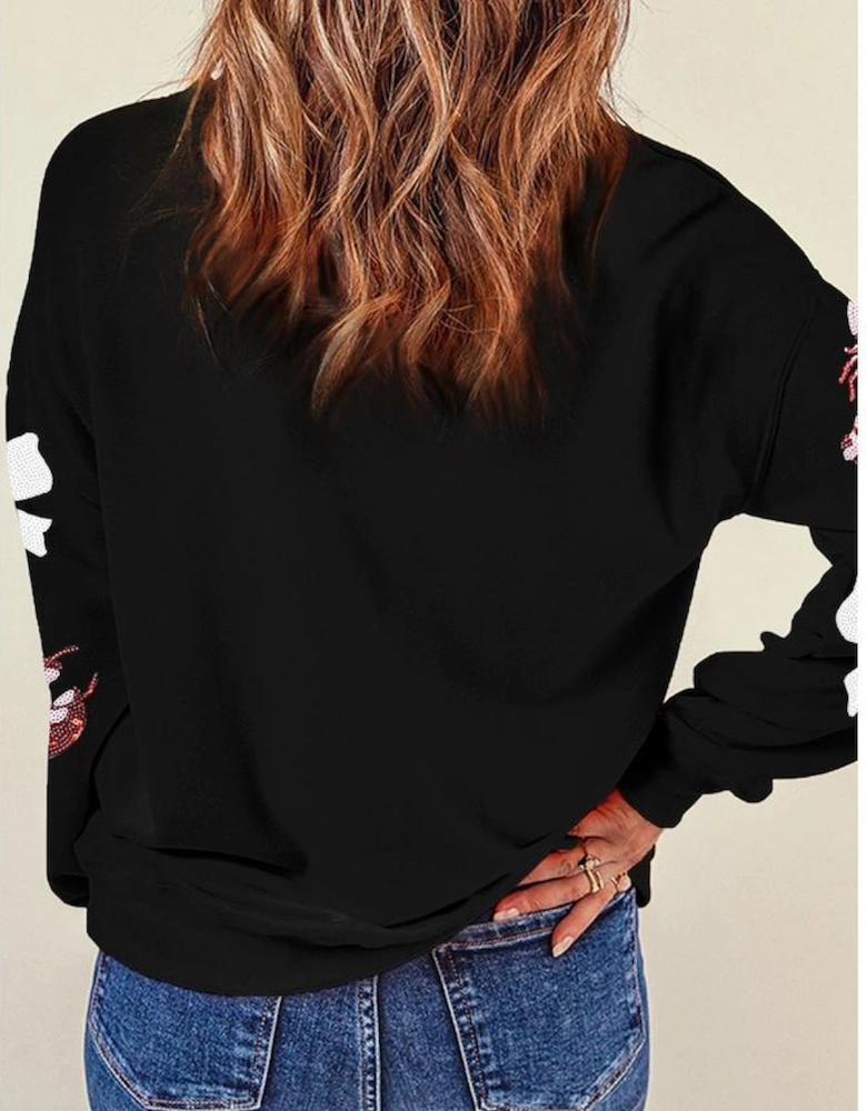 Black Crawfish Bow Sequin Patched Graphic Sweatshirt