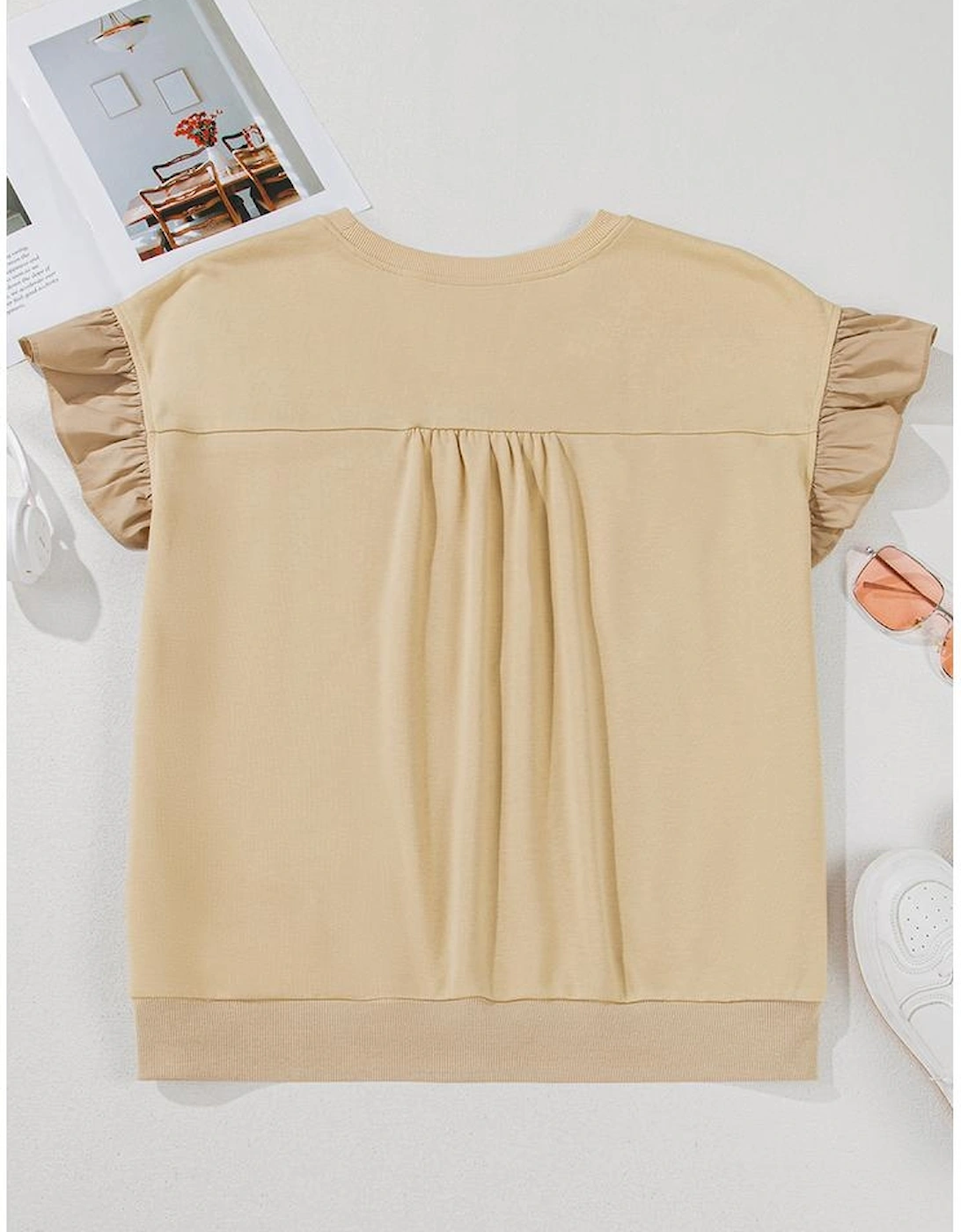 Parchment Ruffled Short Sleeve Bowknot Applique Crew Neck Plus Size Top