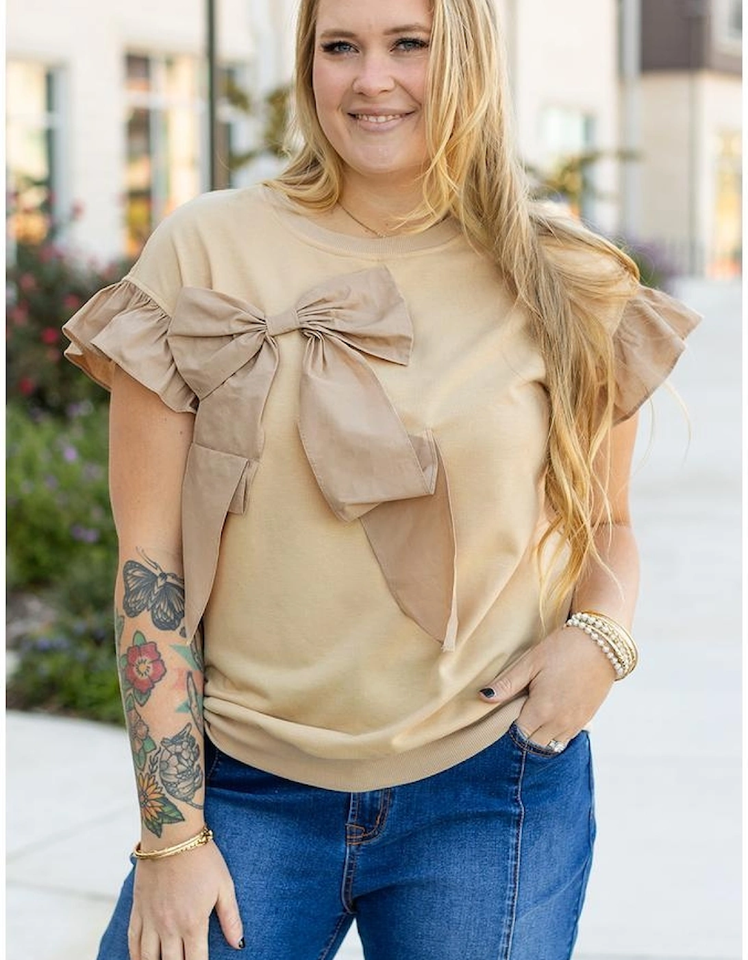 Parchment Ruffled Short Sleeve Bowknot Applique Crew Neck Plus Size Top