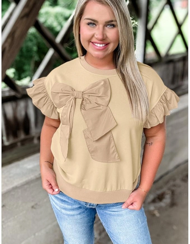 Parchment Ruffled Short Sleeve Bowknot Applique Crew Neck Plus Size Top