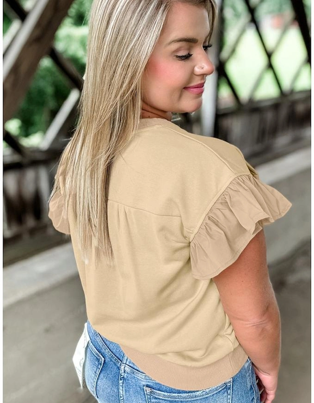 Parchment Ruffled Short Sleeve Bowknot Applique Crew Neck Plus Size Top