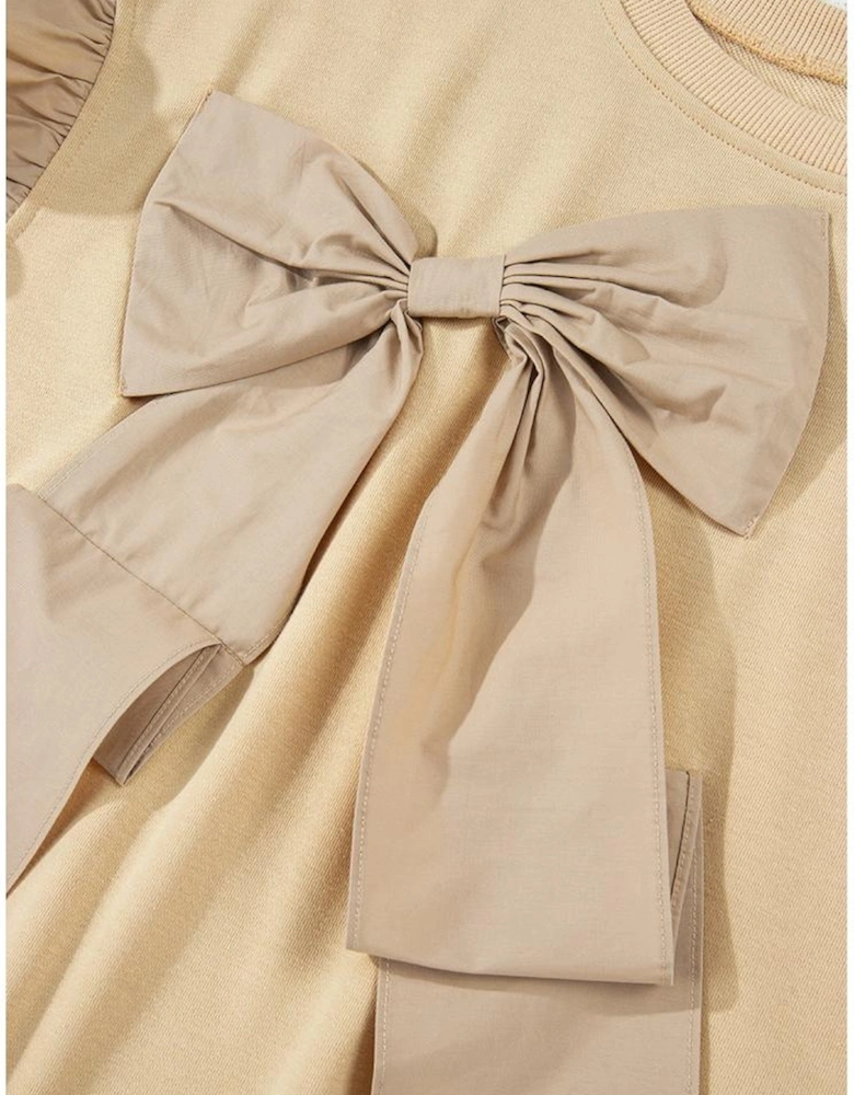 Parchment Ruffled Short Sleeve Bowknot Applique Crew Neck Plus Size Top