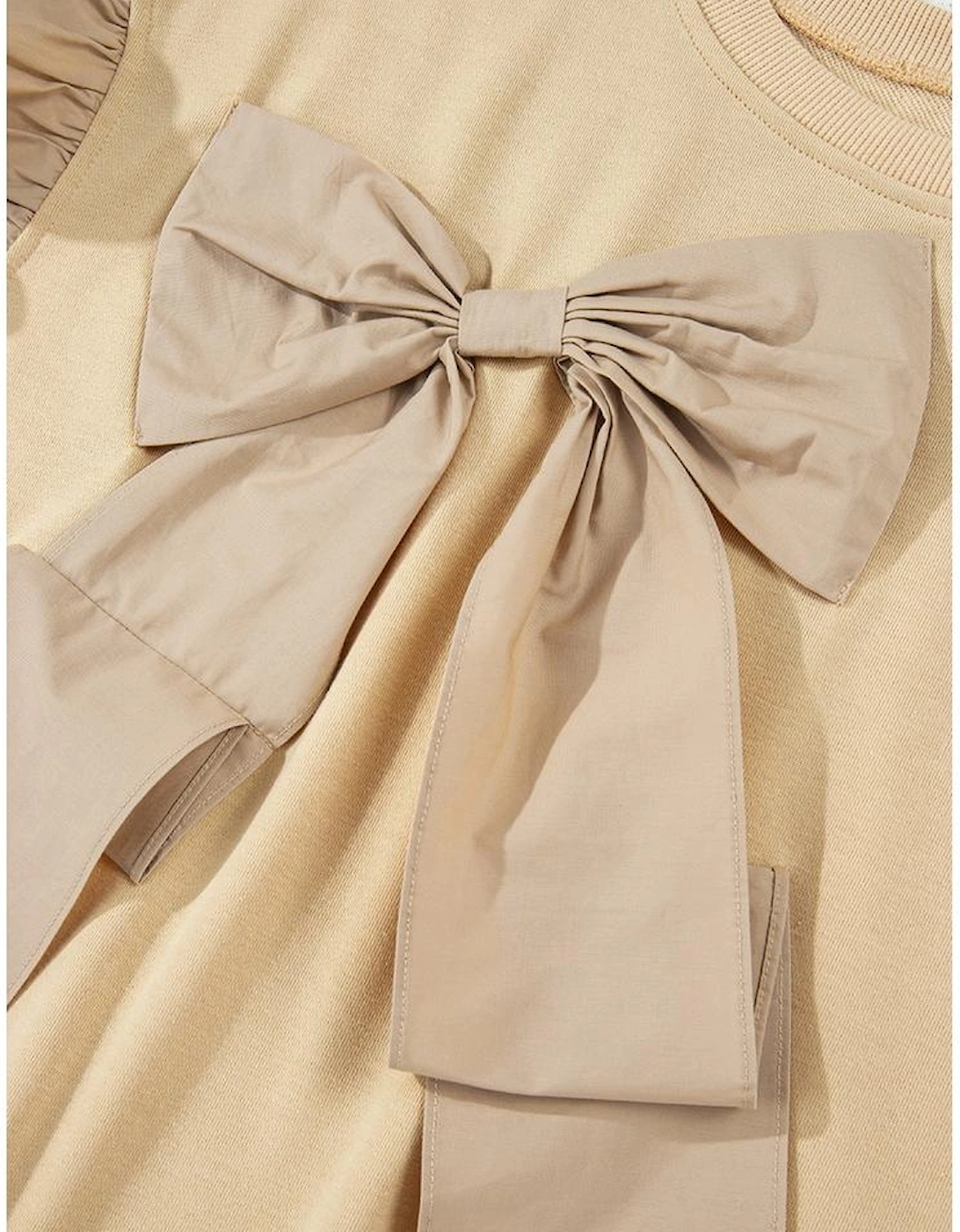 Parchment Ruffled Short Sleeve Bowknot Applique Crew Neck Plus Size Top