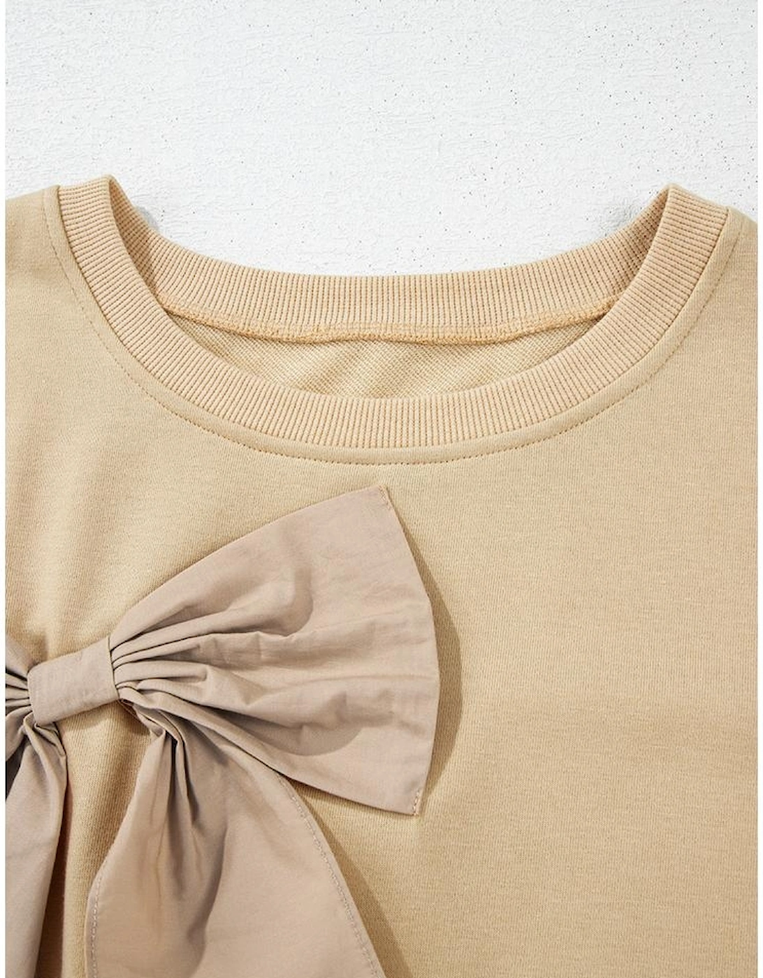 Parchment Ruffled Short Sleeve Bowknot Applique Crew Neck Plus Size Top