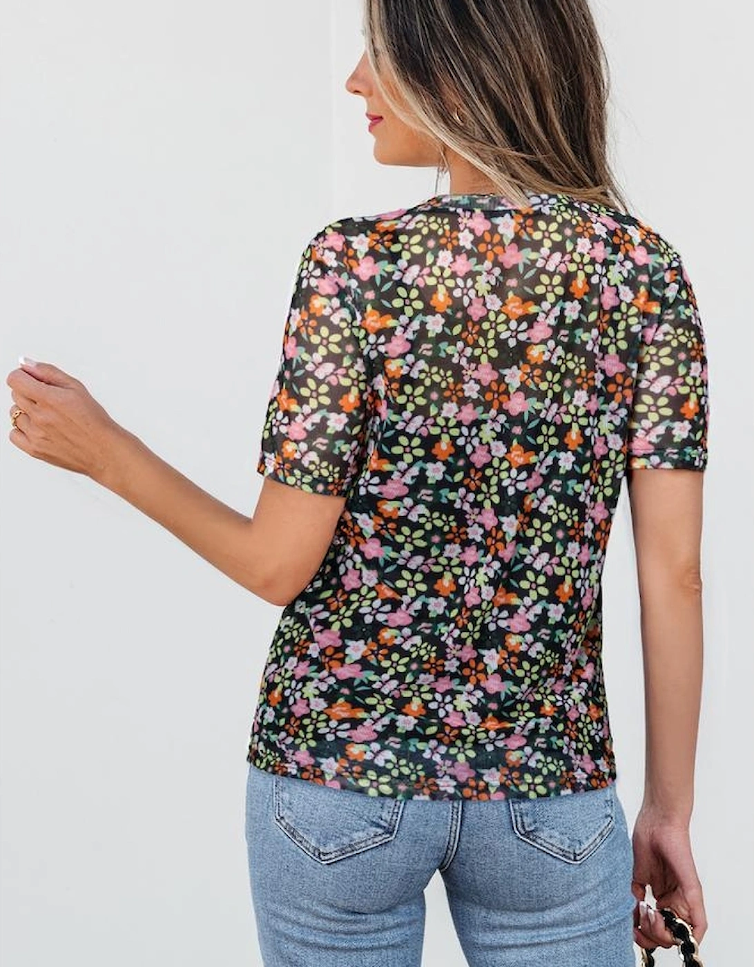 Black Sheer Floral Mesh Round Neck T Shirt, 16 of 15