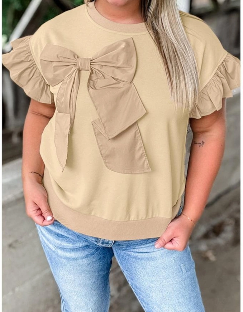 Parchment Ruffled Short Sleeve Bowknot Applique Crew Neck Plus Size Top