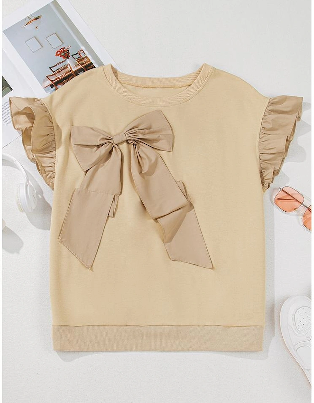 Parchment Ruffled Short Sleeve Bowknot Applique Crew Neck Plus Size Top