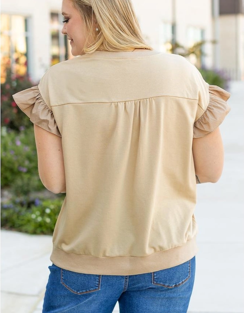 Parchment Ruffled Short Sleeve Bowknot Applique Crew Neck Plus Size Top