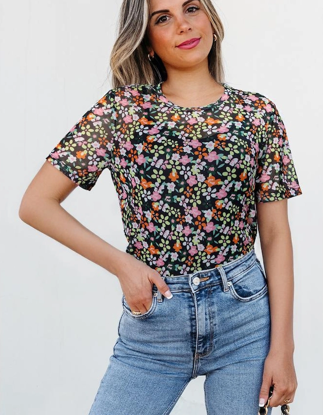 Black Sheer Floral Mesh Round Neck T Shirt