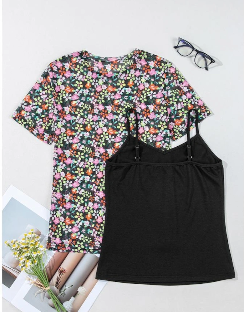 Black Sheer Floral Mesh Round Neck T Shirt