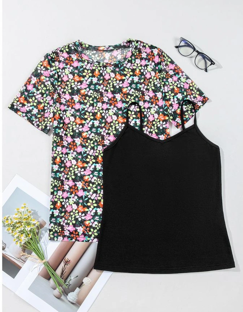 Black Sheer Floral Mesh Round Neck T Shirt