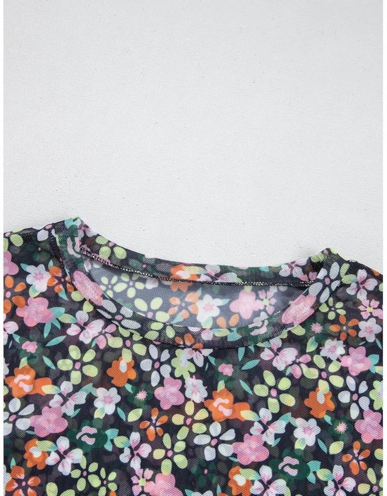 Black Sheer Floral Mesh Round Neck T Shirt
