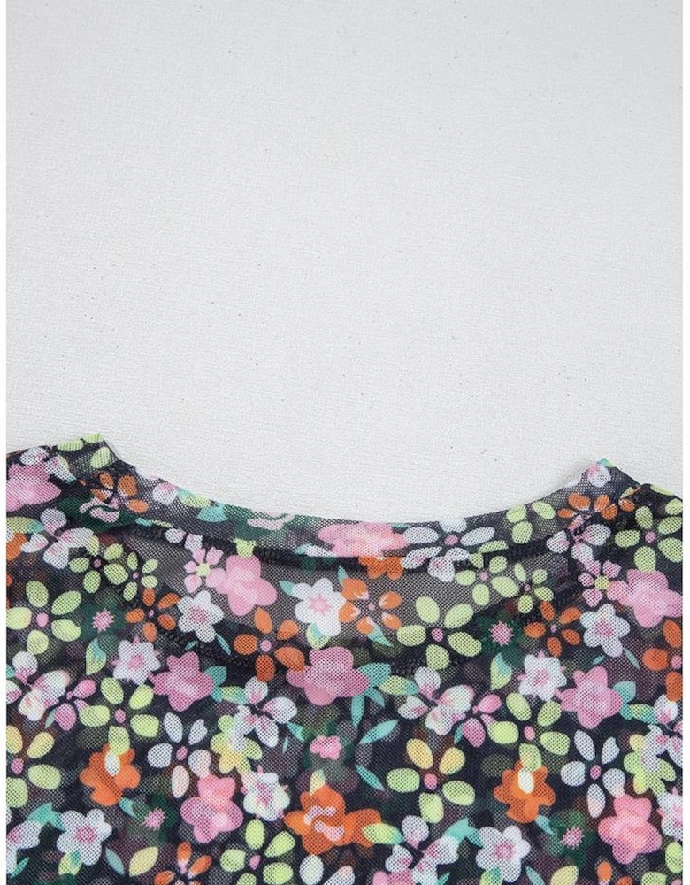 Black Sheer Floral Mesh Round Neck T Shirt